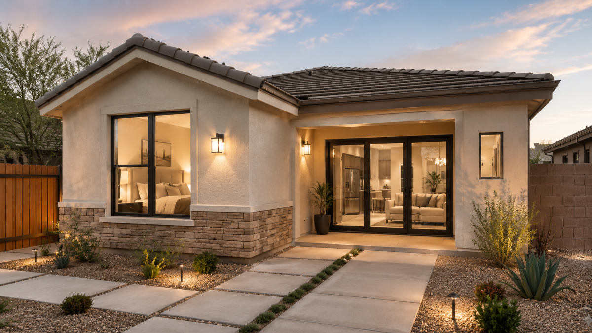 Premium ADU in Scottsdale featuring full kitchen and bath with designer finishes by Hochuli Design and Remodeling Team