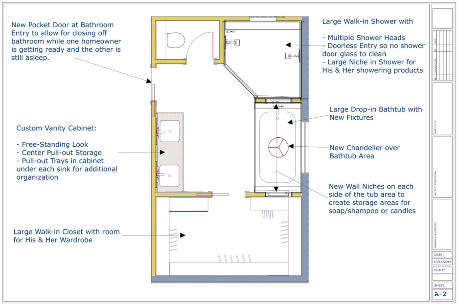 New floor plan of the Tempe bathroom remodel showing the redesigned layout: a single walk-in closet replacing two narrow ones, a doorless walk-in shower with two showering zones, a drop-in tub with chandelier, and a new pocket door at the entry.