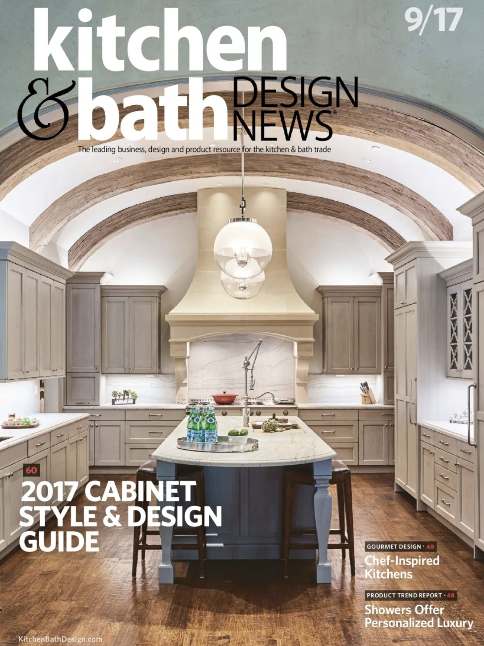 Cover of Kitchen and Bath Design News September 2017 issue, where this Phoenix wood ceiling kitchen was featured in the Chef Inspired Kitchens article.