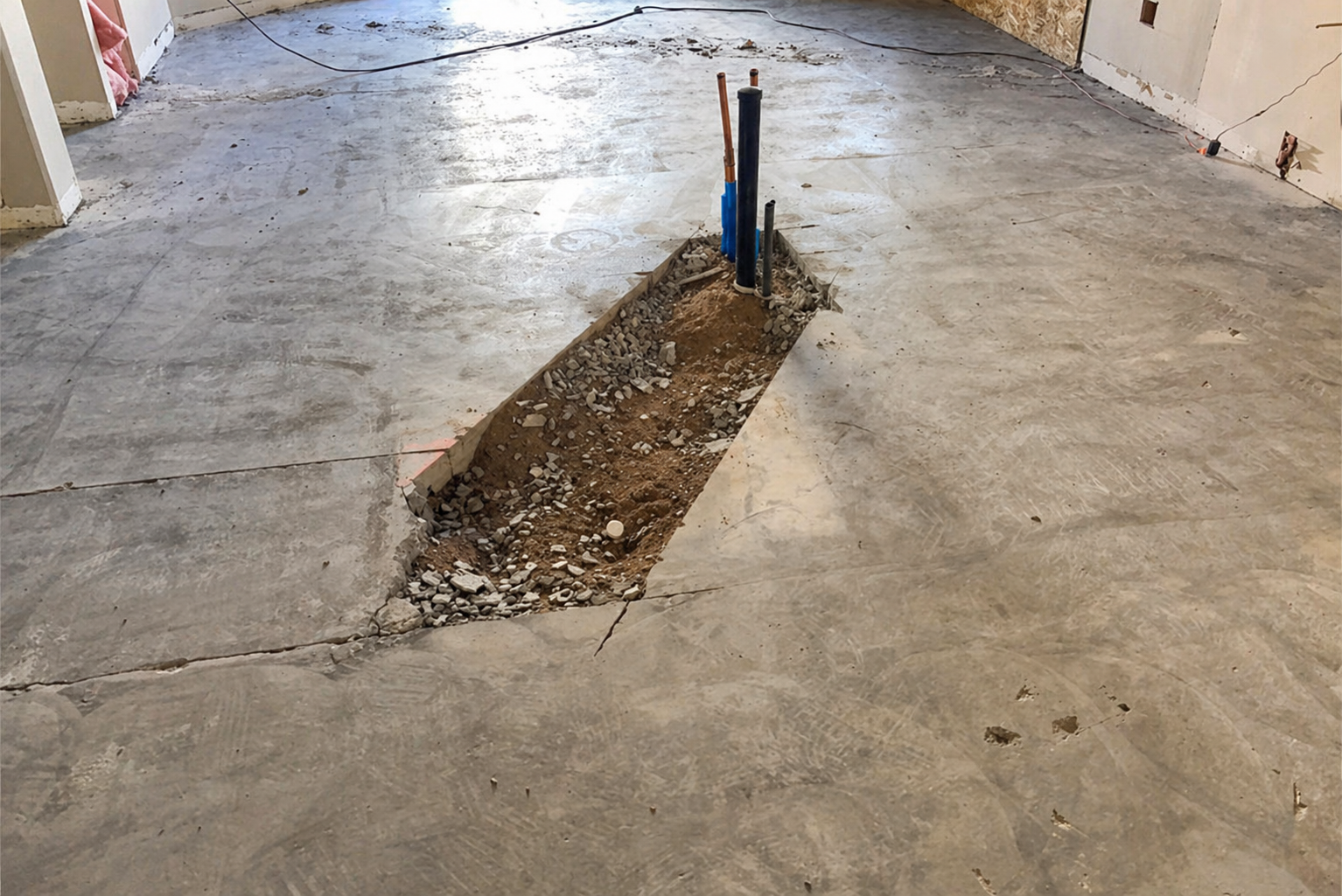 Concrete subfloor cut at the Phoenix wood-ceiling kitchen during plumbing relocation for the new island layout.