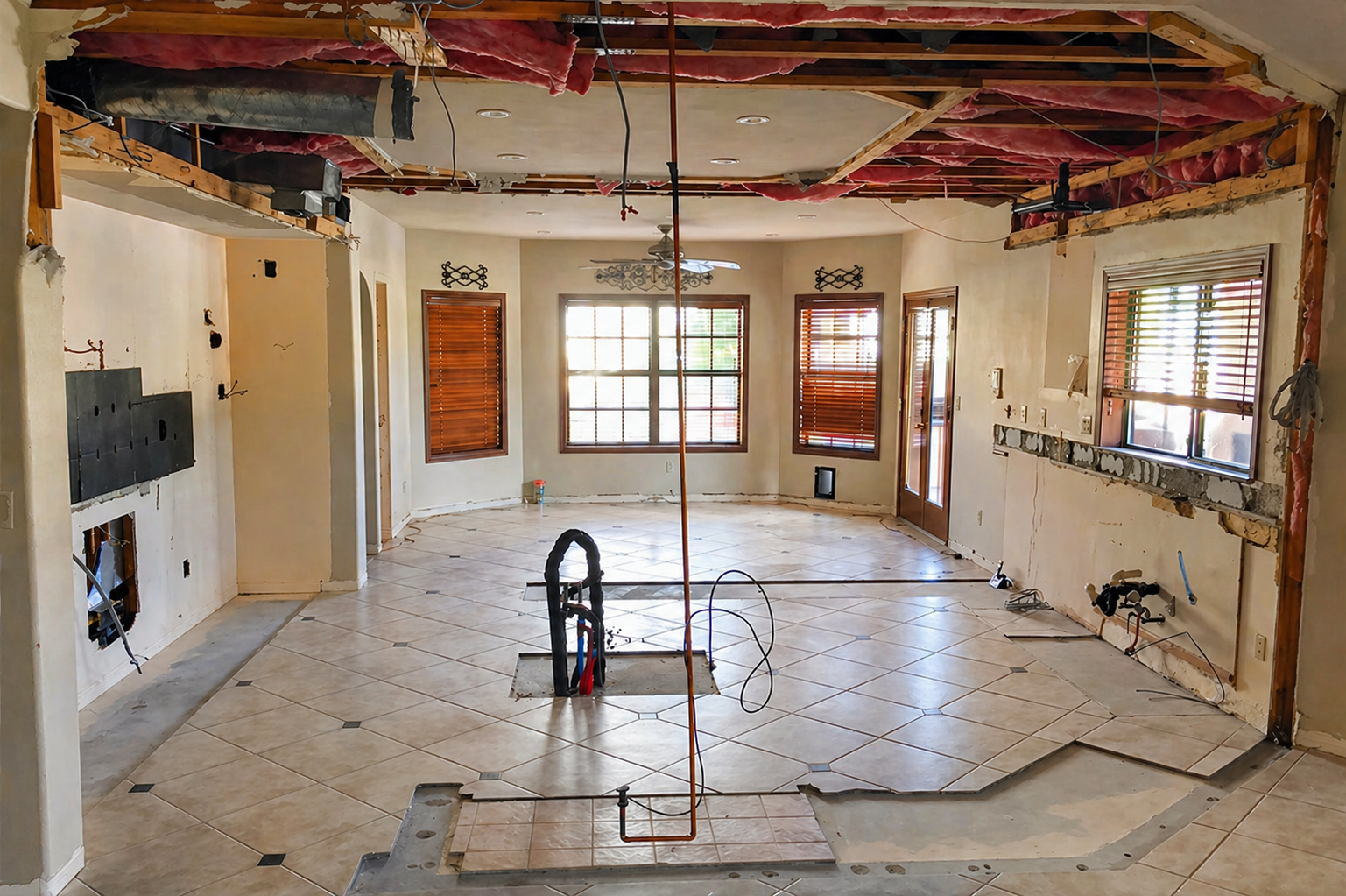 Demo day at the Phoenix wood-ceiling kitchen, with the wall dividing the kitchen from the family room being removed to open the space into one great room.